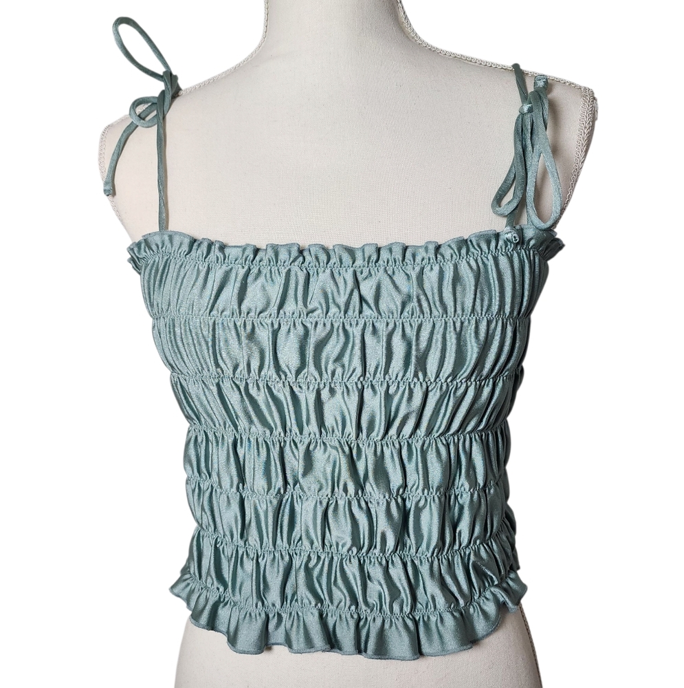 Urban Outfitters Teal Satin Shoulder Tie Top Size Large‎